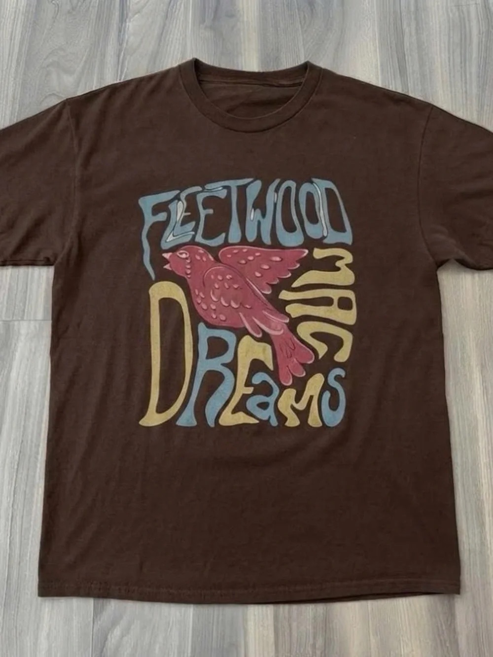 Fleetwood Mac "Dreams" Graphic Tee -
Brown with Pink & Blue Print